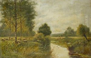 Sheep Grazing By A River by William Langley