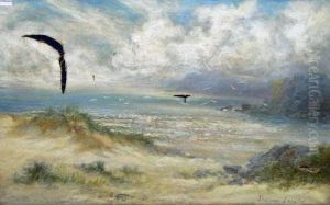 West Country Coastal View With Sea Birds Flying Over Sand Dunes by William Langley