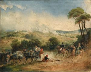 Scene De Bataille [ ; A Cavarly Skirmish ; Oil On Canvas Signed Lower Right C Langlois] by Jean-Charles Langlois