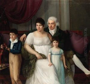 Portrait Of A Gentleman, His Wife And Two Children,three-quarter-length, In An Interior by Jerome Martin Langlois