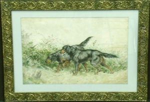 Two Gordon Setters On Point by L. Langlois