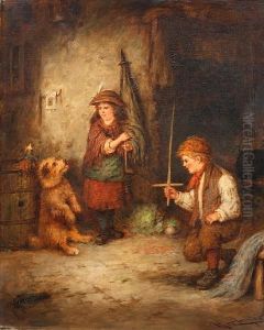 Two Children And A Terrier In A Cottageinterior by Mark W. Langlois
