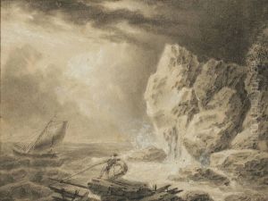 Rochers Dominant Une Cascade; Et Scene De Tempete