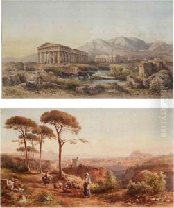 A View Of Naples With The Vesuvius In The Background; And The Temple Of Neptune And The Temple Of Hera, Paestum