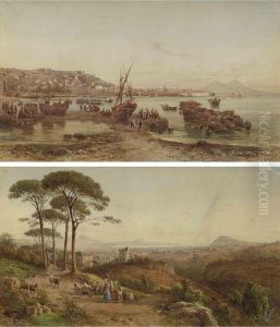 Neapolitan Fisherfolk On The Shore Before Vesuvius by Giovanni Giordano Lanza