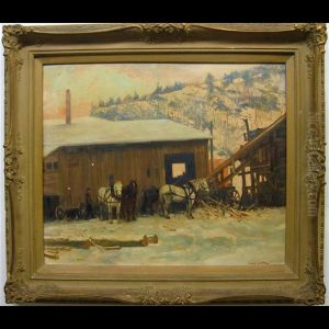 Farmer & Horses At Sawmill by Andreas Christian G. Lapine
