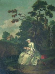 Portrait Of A Lady Fishing By A River With Woodland And A Cottage In The Distance