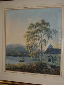 Lake Landscape, With Chapel At The Lakeside And Figures And Boat Before by John Laporte