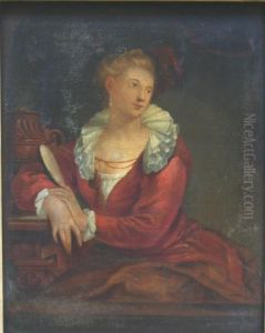 An Elegant Lady Seated At A Window, Holding A Mirror by Willem Joseph Laquy