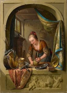 A Young Woman Cleaning Pans At A Draped Stone Arch