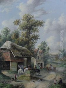 Farmyard Scenes With Horses, Figures And Chickens By Farm Building Farmyard Scenes With Horses, Figures And Chickens By Farm Building