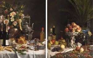 A Tazza Of Peaches, Fruit In A Bowl And Bottles On A Draped Table; And Bottles Of Champagne, Bread, Biscuits And Cakes On A Draped Table by Jules Larcher