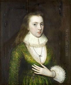 Portrait Of A Lady, Said To Be Lady Mary Darrell (died 1598), Half-length, In A Green Embroidered Dress With A Lace Collar And Cuffs And A Pearl Earring by William Larkin
