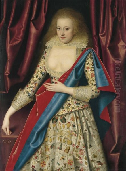 Portrait Of Lady, Probably Lady Thornhagh, Three-quarter-length, Inan Embroidered Bodice And An Embroidered Dress, With A Pale Yellowlace Collar, And A Blue And Red Mantle Over Her Left Shoulder,beside A Table, Flanked By Draped Curtains - view 1