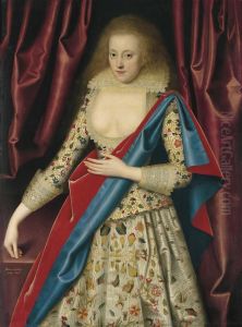 Portrait Of Lady, Probably Lady Thornhagh, Three-quarter-length, Inan Embroidered Bodice And An Embroidered Dress, With A Pale Yellowlace Collar, And A Blue And Red Mantle Over Her Left Shoulder,beside A Table, Flanked By Draped Curtains