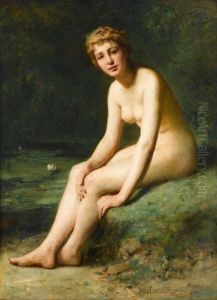 Female Nude By Pond With Water Lilies by Armand Laroche