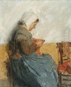 A Seated Woman Knitting by Evert Larock