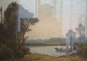 Barque Sur Une Riviere Dans Un Paysage Boise by Jean Laronze
