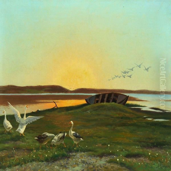 Landscape With Geese In The Sunset - view 1