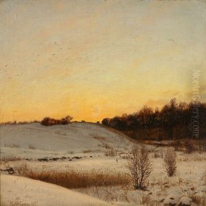 Winter Landscape With Snow Covered Fields At Sunset by Adolf Larsen
