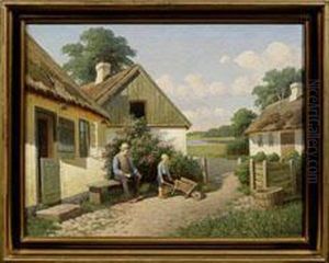 Danische Sommerlandschaft Mit Grosvater Und Enkel Vor Einem Gehoft