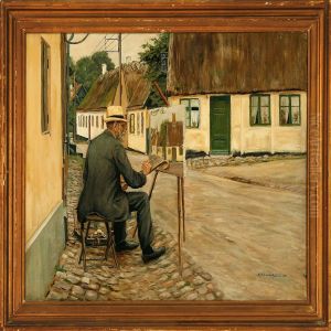 Street Scene From A Danish Village With The Artist And His Easel by Axel W. Larsen