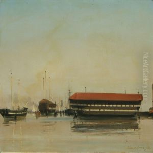 Seascape With The Ship Of The Line Dannebrog In Copenhagen Harbour by Emanuel Larsen