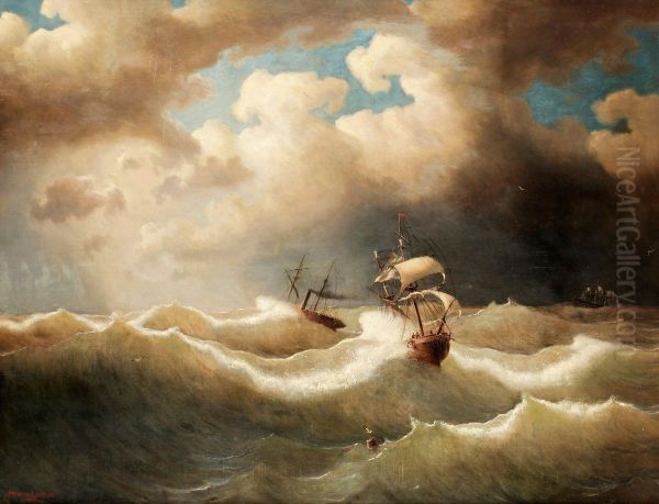 Marine With Troubled Sea With A Sailing Ship And Asteamer - view 1