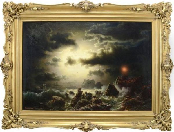 Stormpiskad Kust Med Fyr Och Segelfartyg - view 1
