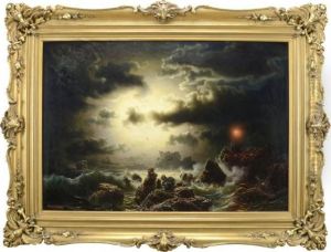 Stormpiskad Kust Med Fyr Och Segelfartyg by Markus Larsson