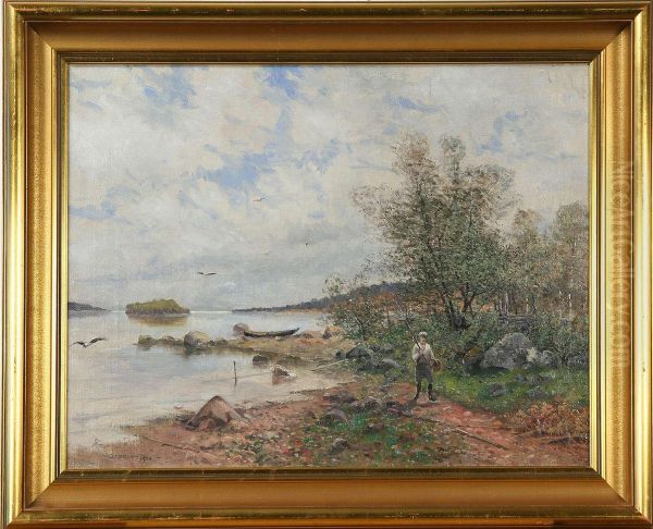Strandlandskap Med Figur - Sommar, Signerad O Daterad O. Larsson 1900 - view 1