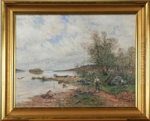 Strandlandskap Med Figur - Sommar, Signerad O Daterad O. Larsson 1900 by Ola Larsson