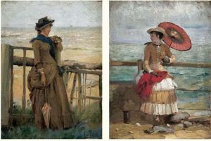 Elegantes Au Bord De La Plage by Gustave Francois Lasellaz