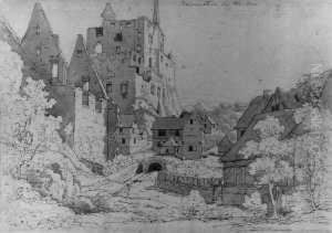 Die Ruine Balduinstein An Der Lahn Von Westen (verso Felslandschaft Mit Wasserfall Und Friedhofskapelle).