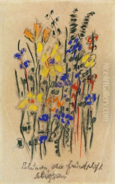 Pastell- Und Olkreiden Auf Sehr Dunnem Elfenbeinfarbenen Papier 21,8 X 13,7 Cm, Unter Glas Gerahmt. Unten Am Rand Mit Bleistift, Einen Schriftzug In Schwarzer Kreide Nachziehend, Betitelt Blumen, Die Freundschaft/schlossen . - Mit Knitterun - view 1