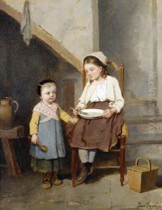 Sisters In A Kitchen Interior by Louis Simon Lassalle