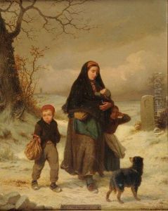 The Refugees, Woman And Children With A Dog In A Snowy Landscape