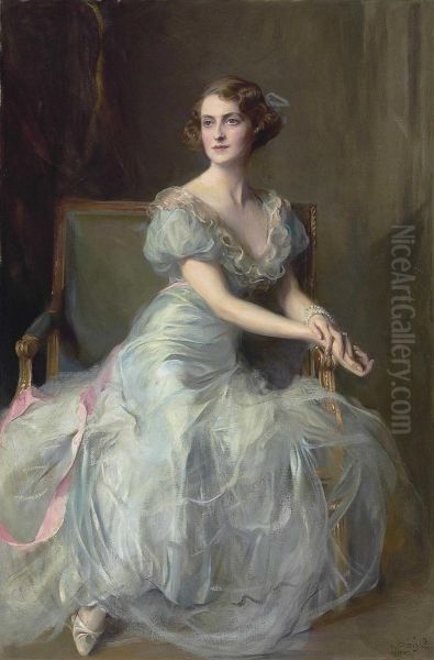 Laszlo Portrait Of Lady Illingworth, Seated Full-length, In A Blue Ballgown With Pink Ribbon - view 1