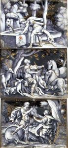 Three Enamel Plaques Of Orpheus, Narcissus And Meleager by Jacques I Laudin