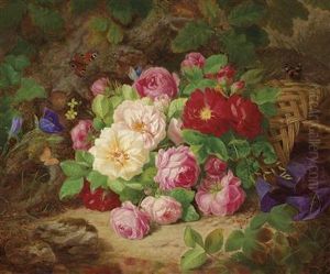 Bouquet Of Roses On A Woodland Floor With Butterflies
