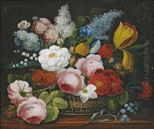 Still-life Withflowers In A Basket. by Josef Lauer