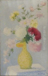 Bouquet De Fleurs Dans Un Vase Vert by Achille Lauge