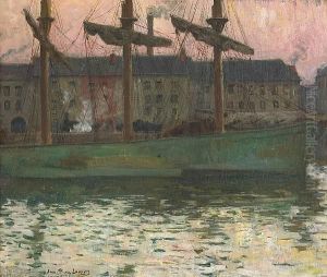 A Fishing Boat In A Harbor At Dusk by Jean-Pierre Laurens