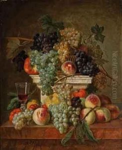 Peaches, Grapes And A Glass Of Wine On A Marble Ledge by Francois Nicolas Laurent