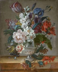 Nature-morte Au Bouquet De Fleurs Dans Un Vase En Argent Pose Sur Un Entablement by Francois Nicolas Laurent