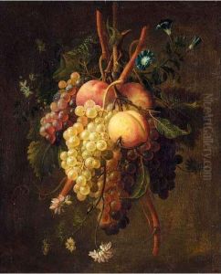 A Still Life Of Grapes, Peaches And Flowers Suspended From A Rope by Francois Nicolas Laurent