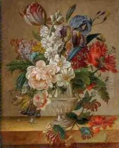 Still Life Of Flowers In A Vase Resting On A Marble Ledge by Francois Nicolas Laurent