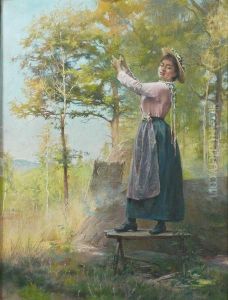 Jeune Femme Debout Sur Un Banc, Posant En Lisiere De Foret