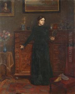 Pensive Woman With Mirror In Interior by Armand Laureys