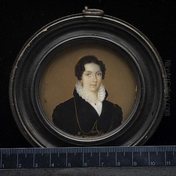 A Lady, Wearing Black Dress, The Bodice Hung With Gold Chains, The Sash Held With Coral Set Gold Clasp, White Chemise With Lace Standing Collar And Jewelled Pin, Gold Earrings, Her Hair Upswept And Curled At The Temples, With A Gold And Jewelled Diadem. - view 1